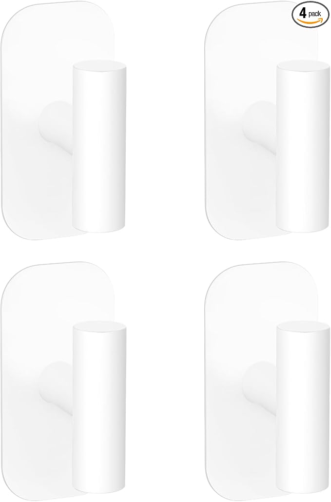 Adhesive Towel Hooks for Shower,Waterproof Heavy Duty Bathroom Hooks,Wall Mounted Sticky Hangers for Coats/Aprons/Robes,No Drilling(White,4 Pack)
