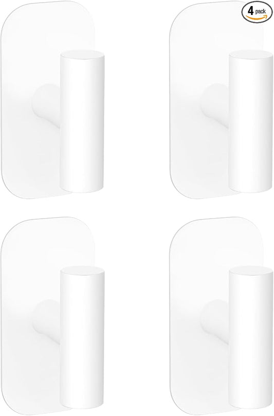 Adhesive Towel Hooks for Shower,Waterproof Heavy Duty Bathroom Hooks,Wall Mounted Sticky Hangers for Coats/Aprons/Robes,No Drilling(White,4 Pack)