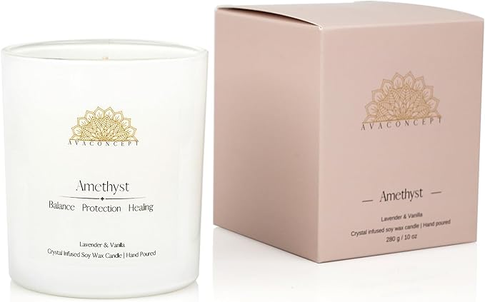 Healing Crystal Candle, Scented Candle Infused Amethyst and Clear Quartz Crystals, Lavender & Vanilla Scented,Positivity Energy Wellness, Gift for Women Aromatherapy Clean Vegan 10Oz Jar