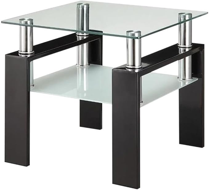 BOWERY HILL End Table Coffee Accent Table, Square, Modern, Indoor with 1 Shelf in Glass Top and Metal, Black