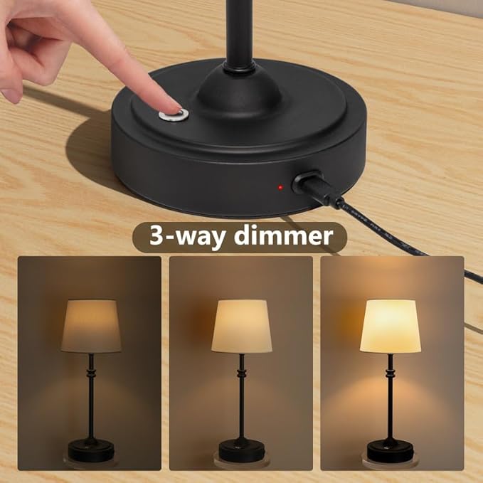 ONEWISH Cordless Lamp-Battery Operated Table lamp, 4000mAh Rechargeable, Stepless Dimmable, Small Touch Bedside Lamp with White LampsShade, 2700K Warm Ambient Light for Dining, Patio, Bathroom(Black)
