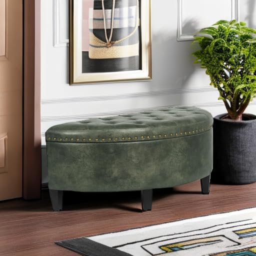 Homebeez 43" Half Moon Storage Ottoman Bench, End of Bed Storage Chest with Nailhead Trim for Entryway Living Room, Dark Green