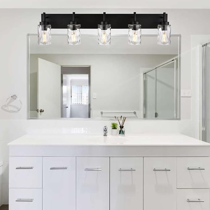 BONLICHT Modern Bathroom Lighting Over Mirror 5-Lights Rustic Bath Vanity Wall Mounted Light Fixtures Black Farmhouse Wall Sconce Lamp with Clear Hammered Glass Shade for Kitchen Living Room Hallway