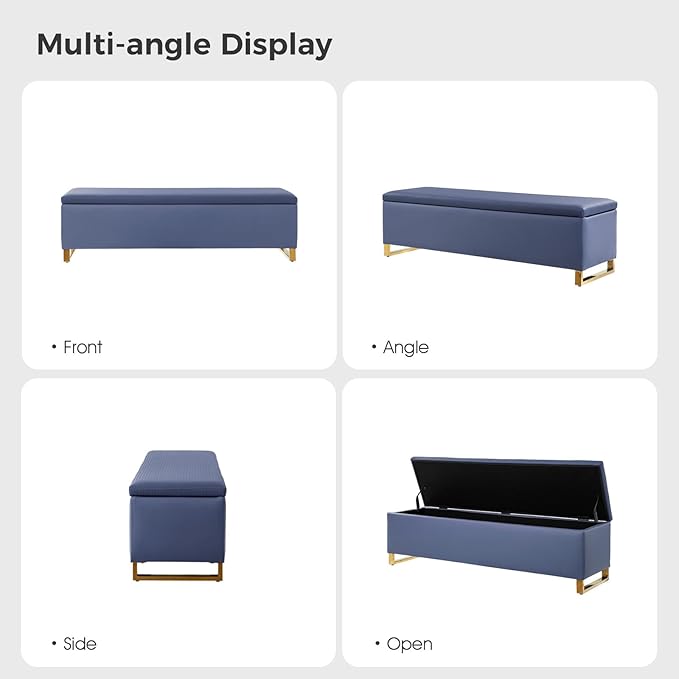 EcoHarbor Living Storage Ottoman Bench with Throw Ottomans, Modern End of Bed Bench, Upholstered Footrest Stool with Gold Legs for Living, Bedroom, Entryway and Hallway(Navy 60inch)