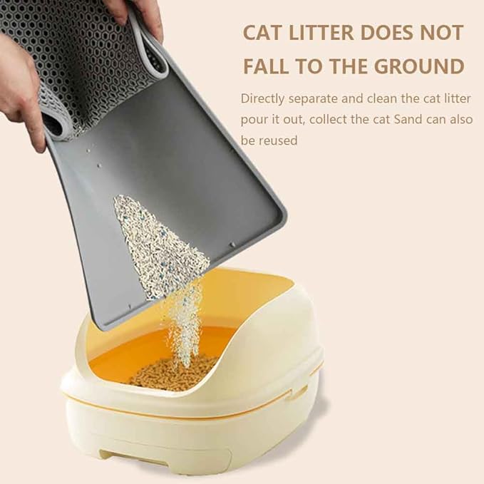 Cat Litter Mat Double Layer, Kitty Litter Box Mat Small Waterproof Urine Proof Trapping, Easy Clean, Silicone Cat Supplies & Accessories for Indoor Pets (Grey, 19.68x14.96x0.39 in)