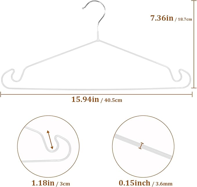 Clothes Hangers 50Pack,White Metal Hangers,15.7'W Space-Saving Shirt Hanger,Non-Slip Heavy Duty Hanger with Deep Shoulder Notches for Dress and Camisole