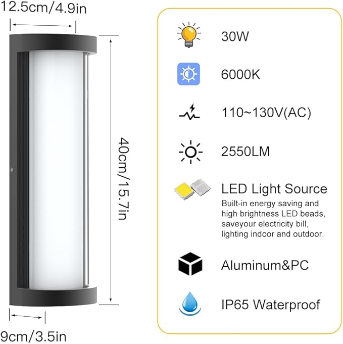 Sytmhoe Dimmable 16in 6000K LED Modern Outdoor Wall Light,10%-100% Dimming Porch & Patio Wall Light Fixture,Black Aluminum&Dual PC Wall Lights Suitable for Garage Living Room Courtyard House(6000K)