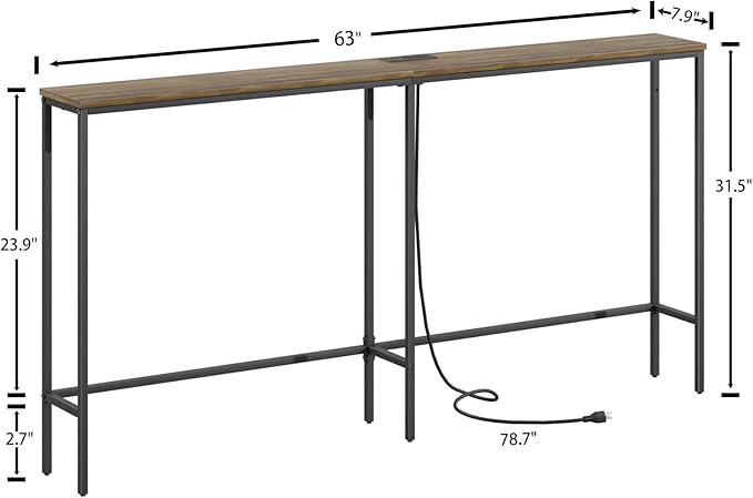 63 Inch Console Table with Power Outlet,Modern Narrow Long Sofa Table Behind Couch,Skinny Entry Table with Black Metal Frame for Entryway,Living Room, Hallway,Walnut Brown