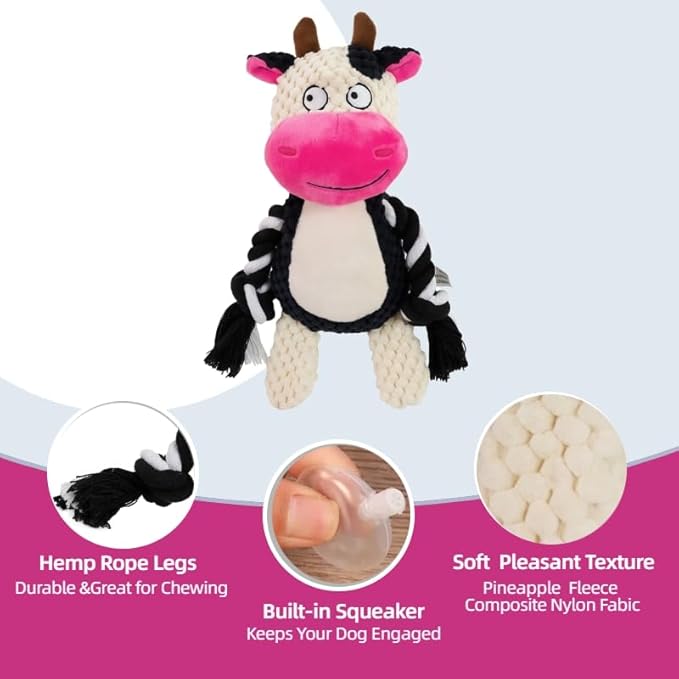 Dog Toy with Rope Arms Dairy Cow, Squeaky Interactive Pet Toy, Purple, for Small & Medium Dogs