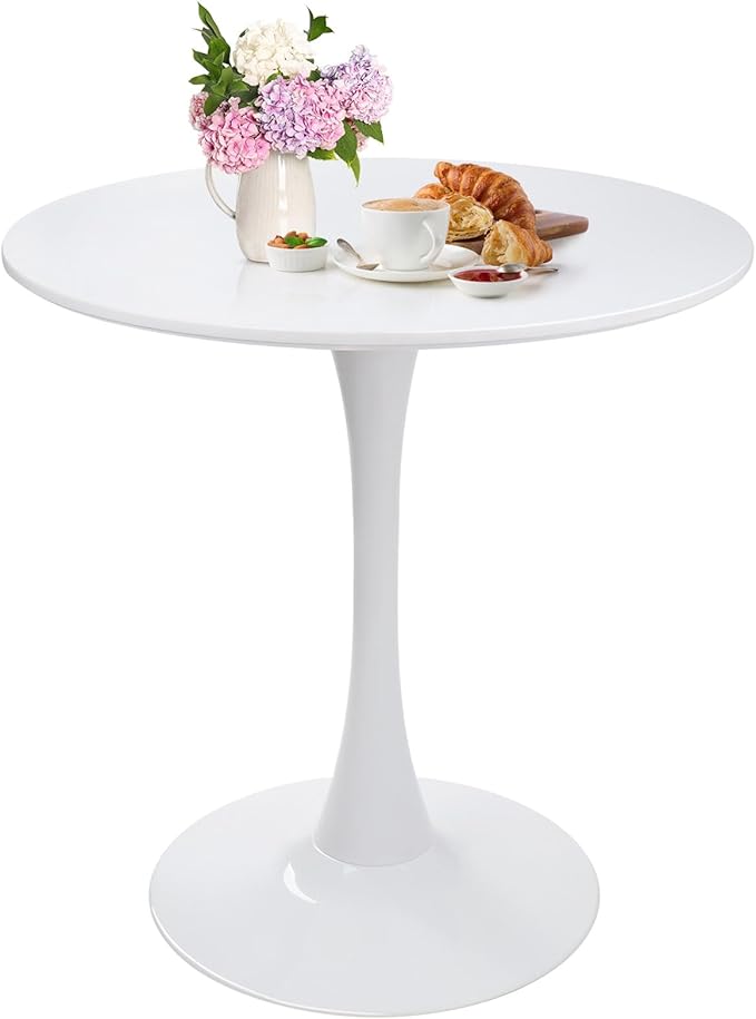 Small Space 27.5 Inch White Round Tulip Dining Table - Modern Pedestal Base Kitchen Table for 2-4 People - Easy Assembly & Easy to Clean