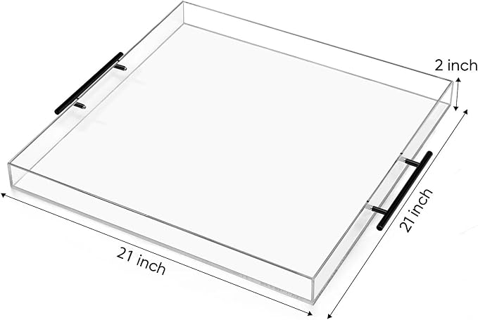 21×21 inches Oversized Clear Acrylic Ottoman Tray with Black Metal Handle and Safe Edge Extra Large Spill-Proof for Serving,Decorative King-Size Organizer Tray for Coffee Table Countertop
