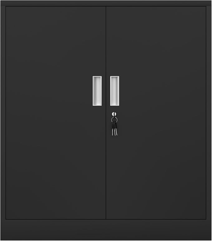 Metal Storage Cabinet with Locking Doors and 2 Adjustable Shelves, Small Lockable Steel Storage Cabinets for Home Office Garage Kitchen Pantry (Black)