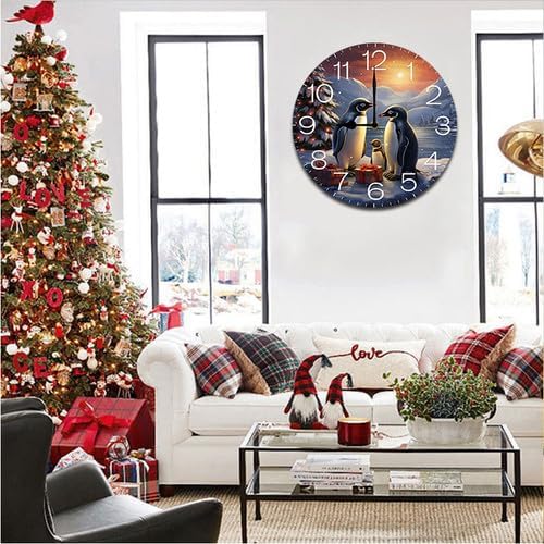 Christmas Tree and Penguins Wall Clock Large Silent Non-Ticking Battery Operated Modern Clocks for Living Room Decor/Bedroom/Office (10x10 in)