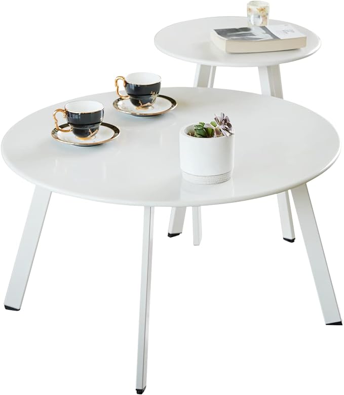 Outdoor Patio Coffee Table Set of 2, Weather Resistant End Table, Round Nesting Tables for Living Room Balcony Office, White