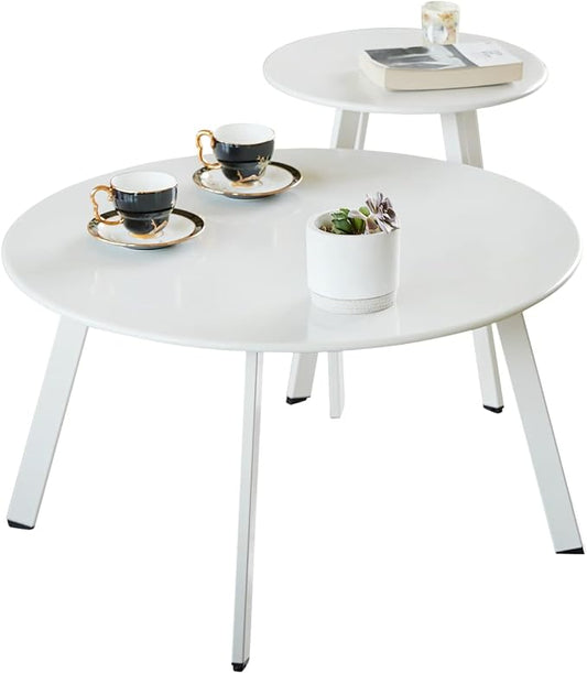 Outdoor Patio Coffee Table Set of 2, Weather Resistant End Table, Round Nesting Tables for Living Room Balcony Office, White