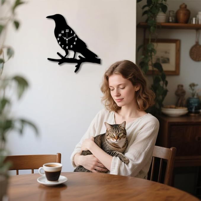 CHGCRAFT Crow Standing Branch Pattern Wall Clock 13.9 Inch Wood Grain Non-Ticking Irregular Shape Clocks Wall Hanging Clock Battery Operated for Bedroom Living Room Kitchen Office