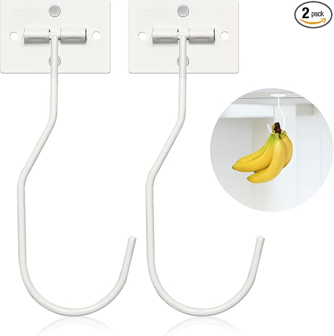 Banana Hanger Hook – Space Saving Banana Holder Hanger to Keep Bananas Fresh, Self Adhesive and Screw Banana Hook 2Pack White
