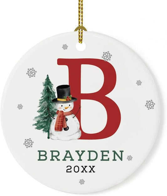 Andaz Press Personalized Christmas Ornament, Custom Name, Initial B Monogram Snowman 2.8" Ceramic Porcelain 2025 Christmas Ornament Keepsake for Kids, Boys, Girls, 1-Pack Initial Ornaments