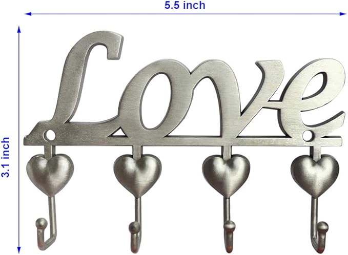 Myartte Key Holder- Key Hooks Decorative for Wall Decorative Zinc Alloy Key Organizer Rack with 4 Hooks -with Screws and Sticker (Antique Sliver Love)
