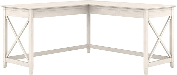 Bush Furniture Key West 60W Modern Farmhouse L Shaped Desk in Linen White Oak, 60-Inch Corner Computer Table for Home Office Workspace