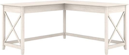 Bush Furniture Key West 60W Modern Farmhouse L Shaped Desk in Linen White Oak, 60-Inch Corner Computer Table for Home Office Workspace
