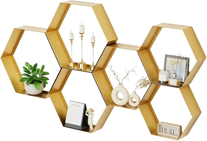 Gonice Gold Metal Hexagon Floating Shelves Set of 6 Honeycomb Wall Shelves Home Decor Shelf for Living Room Bedroom Office