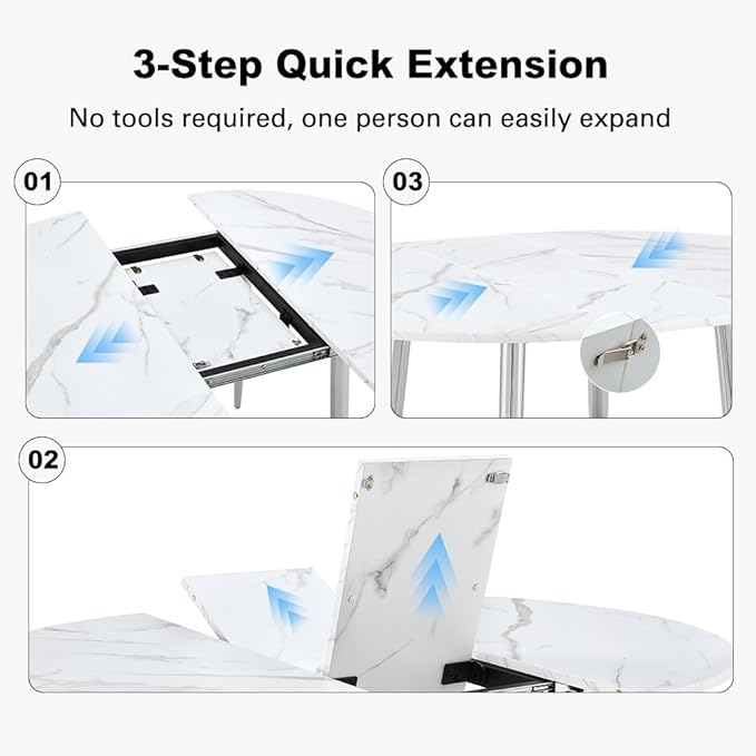 FURNITO 42"-54" Extendable Round Dining Table for 4–6, White Faux Marble & Wood Grain Top with Silver Metal Legs, Contemporary Oval Kitchen Table, Space-Saving Dining Room Table, Easy Assembly