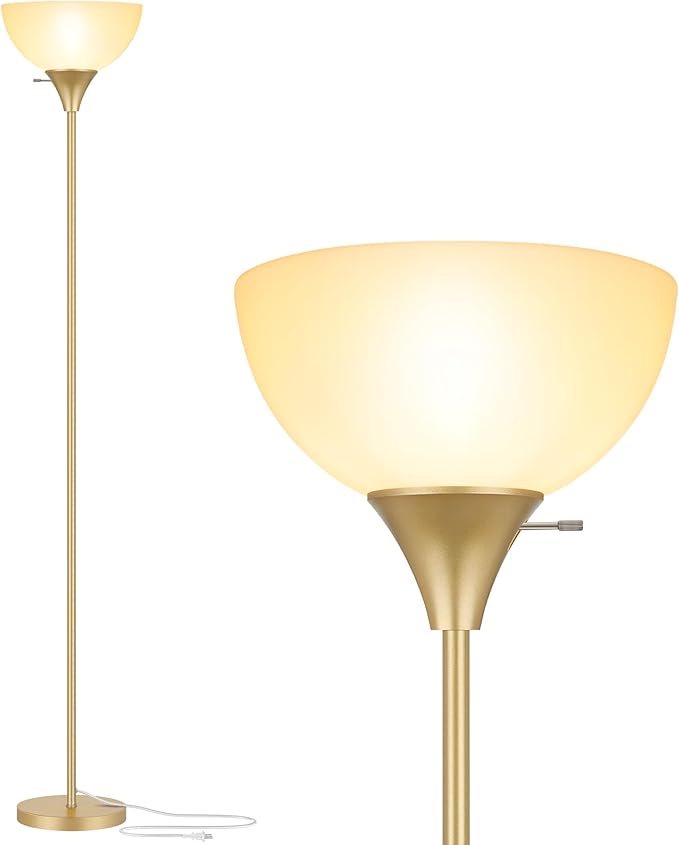 Floor Lamp, LED Standing Lamps with White Plastic Shade, Corner Floor Lights for Living Room Bedroom, Rotary Switch, Bulb not Included, Gold