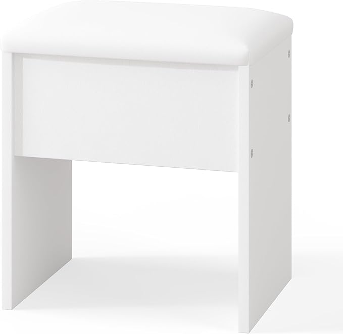 Small Makeup Vanity Stool,15.7" W x 10.2" D x 16.7" H，White（Easy Assembly,PU Cushion Mat, Footstool）