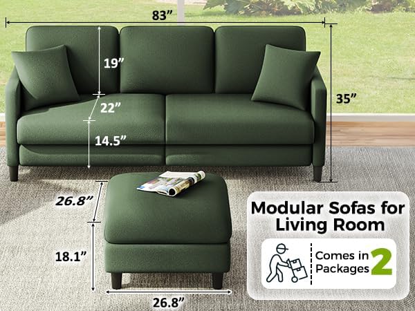 83" Couches for Living Room, Comfy Sofas for Living Room with Storage Ottoman, Teddy Sofa Couch, Tool-Free Loveseat Sofa, All-Wood Love Seat Couches, L Shaped Couch 2 Pillow Included, Green