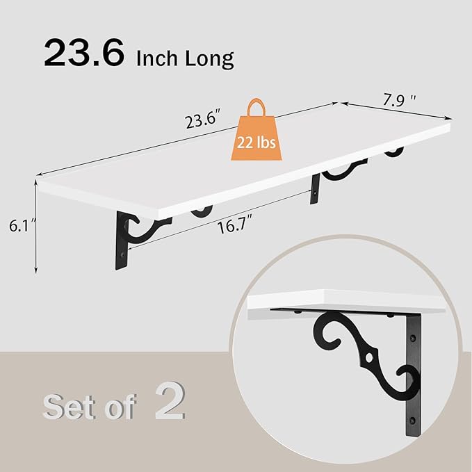 DINZI LVJ Long Wall Shelves, 23.6" Large Floating Shelves Set of 2, Farmhouse Display Shelf Wall Mounted with Heavy Duty Brackets, Easy Assembly for Kitchen, Bathroom, Bedroom, Balcony, White