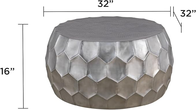 CT101 Modern Contemporary Round Aluminum Material 32" Coffee Table, Farmhouse Table with Glossy Diamond-Patterned Base Antique Silver