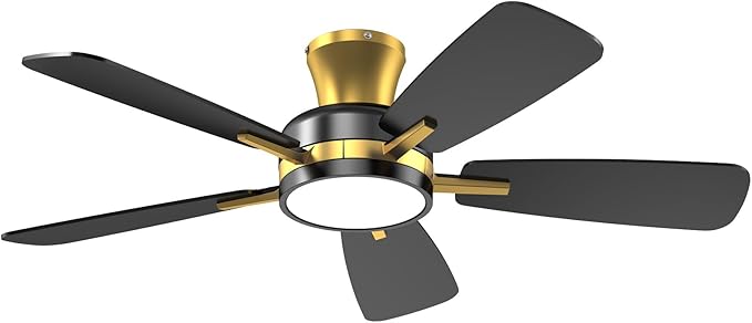 TALOYA Ceiling Fans with Lights and Remote, 46 Inch Low Profile Ceiling Fan with Light, Flush Mount, Reversible, 3CCT, Dimmable Modern Ceiling Fan for Bedroom, Living Room, Outdoor Patio, Black Gold