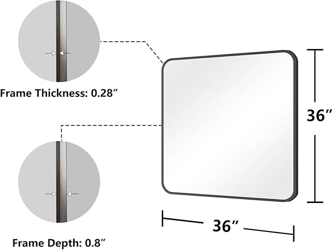 Koonmi Bathroom Mirror, 36X36 Brushed Black Metal Framed Wall-Mounted Mirror for Over Sink, HD Tempered Glass, Anti-Rust, Rounded Rectangle Mirror for Restroom, Bedroom, Hangs Horizontal or Vertical