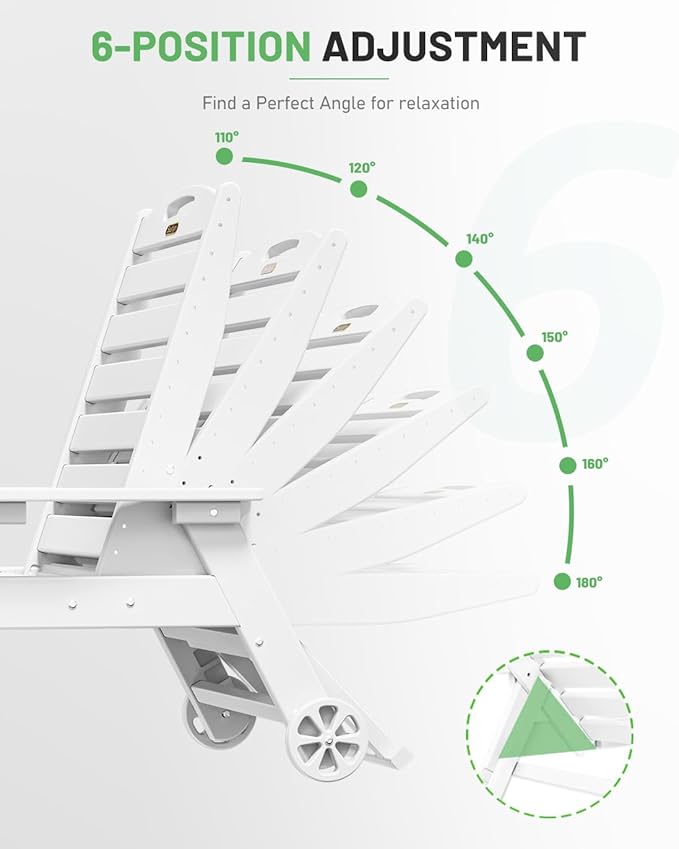 Lounge Chair Outdoor Set of 2, HDPE Chaise Lounge Outdoor with 6-Position & Wheels &Cup Holder, Pool Lounge Chair for Pool Poolside Deck Backyard Patio, White