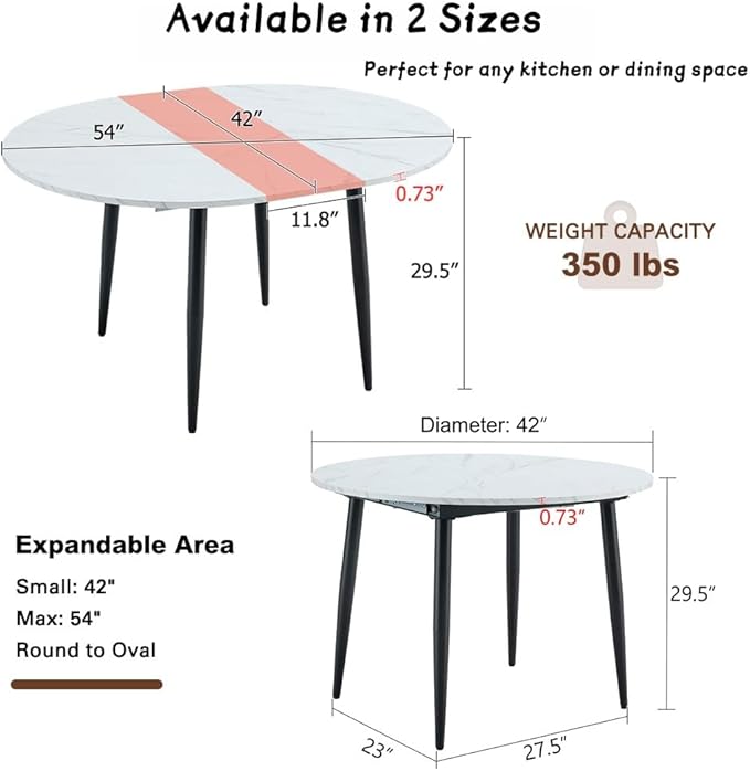 42"-54" Round to Oval Extendable Dining Room Table, White Faux Marble & Wood Grain Top with Black Metal Legs, Modern Round Dining Table for 4–6, Space-Saving Kitchen Table, Easy Assembly
