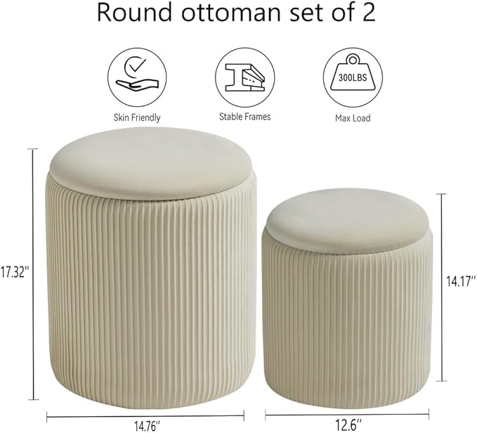 Round Set of 2 Ottoman with Storage-Upholstered Velvet Vanity Stool for MakeupMultifunctional Ottomans Coffee Table Padded Seat Foot Rest for Living Room&Bedroom(White)