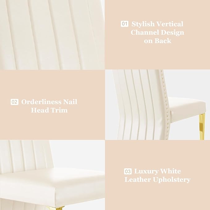 Dining Chairs, White Faux Leather Upholstered Dining Chair with Nailhead Trims, Gold Dining Room Chairs Set of 6