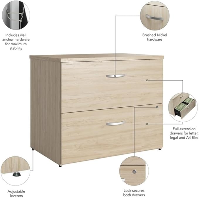 Bush Business Furniture Studio C 2 Drawer Lateral File Cabinet in Natural Elm - Assembled, Locking Document Storage for Home or Professional Office
