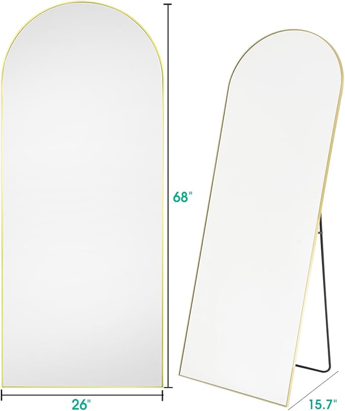 Full Length Mirror, Arched Floor Mirror with Stand, 26"x68" Oversized Floor Mirror, Wall Mirror Full Length Freestanding, Wall Mounted Mirror for Bedrooom Living Room, Gold