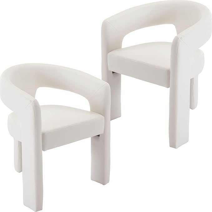 Set of 2 Modern PU Leather Upholstered Dining Chairs with Open-Back, Cute Barrel Side Chairs Kitchen Armchair Accent Chairs for Dining Room Bedroom, White