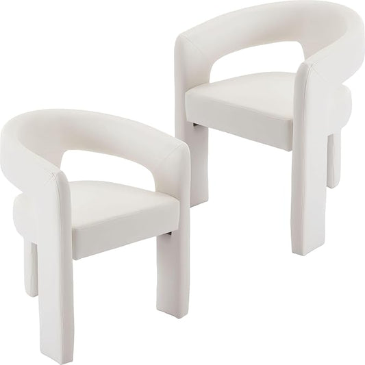 Set of 2 Modern PU Leather Upholstered Dining Chairs with Open-Back, Cute Barrel Side Chairs Kitchen Armchair Accent Chairs for Dining Room Bedroom, White