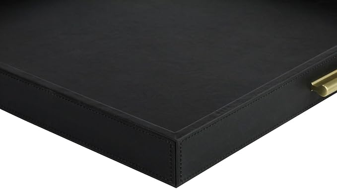 HofferRuffer Elegant Decorative Serving Tray, 20"x20" Square Faux Leather Ottoman Tray with Gold Hardware Handles, Coffee Table Serve Tea, Coffee or Breakfast (Black)