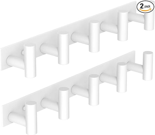 VAEHOLD Hat and Coat Wall Mount Rack - Hooks for Robes, Bags, Keys, and Towels - Bathroom Towel Hanger Organizer (White, “T“ Shape 5 Hooks 2 Pack)