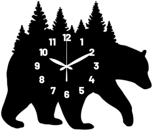 CHGCRAFT Bear Carrying Forest Pattern Wall Clock 15.2 Inch Wood Grain Non-Ticking Irregular Shape Clocks Wall Hanging Clock Battery Operated for Bedroom Living Room Kitchen Office