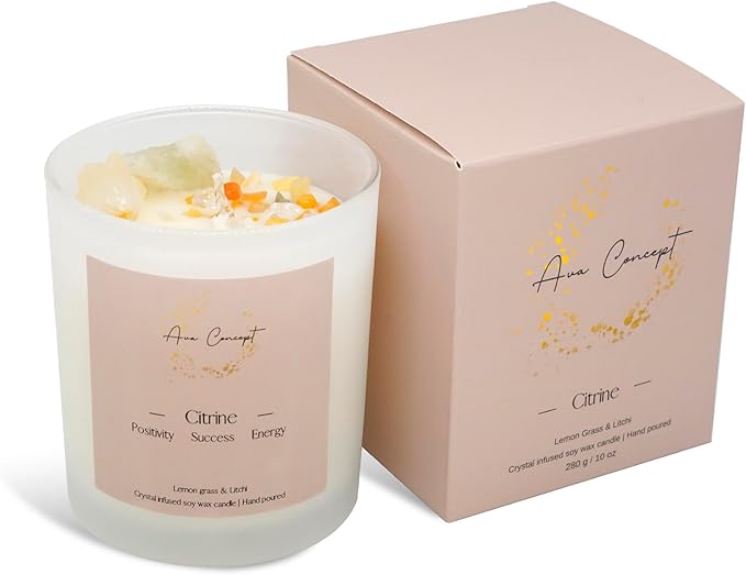 Healing Crystal Candle, Scented Candle Infused Citrin, Clear Quartz Crystals, Lemon Grass&Litchi Scented, Positivity, Energy, Cleansing Wellness, Gift for Women, Aromatherapy Clean Vegan 10Oz Jar