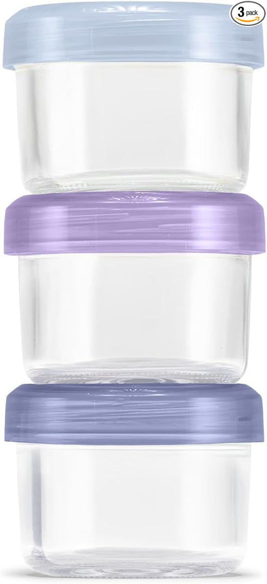 Ello Color Lock 3-Pack 4oz Reusable Glass Condiment Containers with Screw-on Leak-Proof Lid, Perfect for Salad Dressing Sauce Dips, Lunchbox Picnic, BPA-Free, Purple Rain