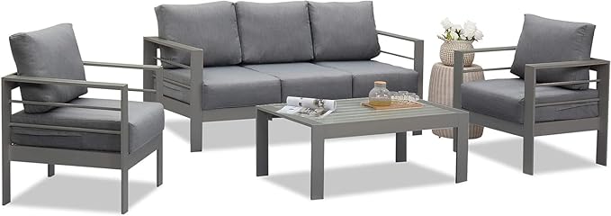 Wisteria Lane Aluminum Outdoor Patio Furniture Set, Modern Patio Conversation Sets, Outdoor Sectional Metal Sofa with 5 Inch Cushion and Coffee Table for Balcony, Garden, Dark Grey