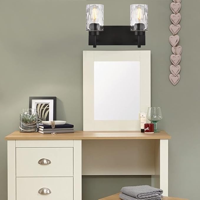 BONLICHT 2 Light Farmhouse Wall Sconce Vanity Lights Modern Black Bathroom Lighting Fixtures with Hammered Glass Shade,Industrial Porch Metal Wall Mount Lamp for Hallway Kitchen Bedroom Laundry Room