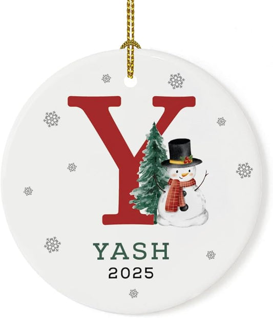 Andaz Press Personalized Ornament, Custom Name, Initial Y Monogram Snowman 2.8" Ceramic Porcelain 2025 Christmas Ornament Keepsake for Kids, Boys, Girls, Includes Gold Ribbon & Gift Box, 1-Pack
